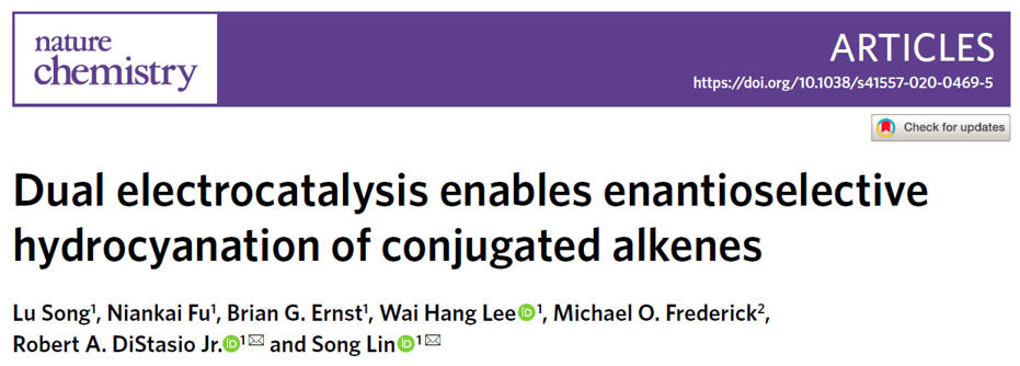 美國康奈爾大學林松團隊《自然·化學》:電驅(qū)動雙金屬催化共軛烯烴氫氰化反應