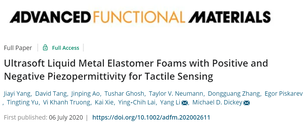 《AFM》：用于觸覺感知的超軟、具有正負壓介電效應的液體金屬彈性體泡沫